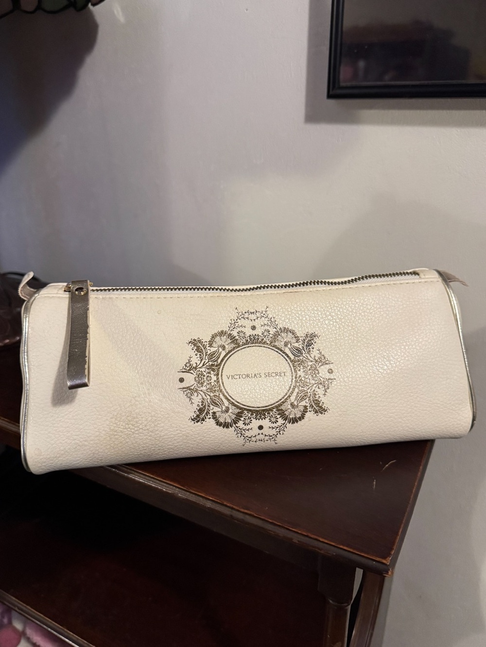 Victoria's Secret Cream Cosmetic Pouch with Ornate Logo